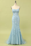 Mermaid Blue Long Prom Dress Spaghetti Straps Backless Evening Dress