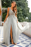Grey V Neck Beaded Long Prom Dress