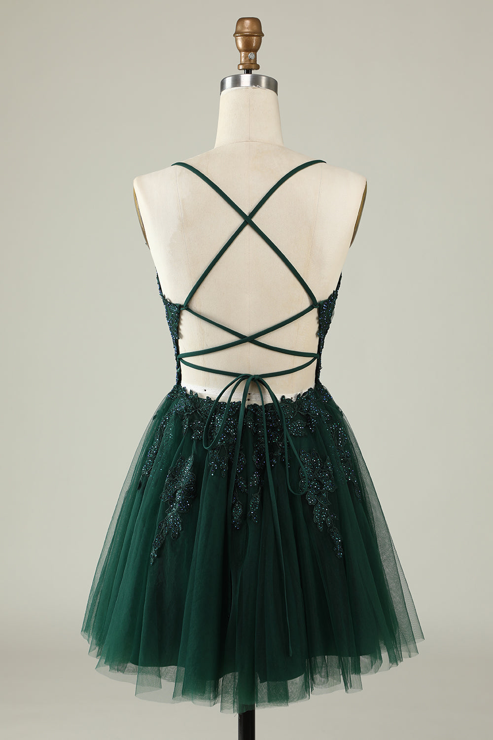 A Line Spaghetti Straps Dark Green Short Homecoming Dress with Appliques