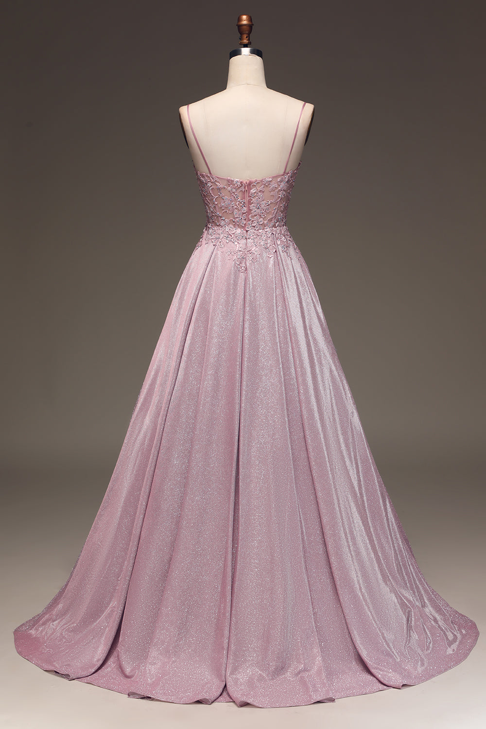 Glitter Spaghetti Straps Blush Prom Dress with Beading