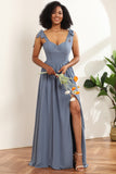 Straps Sweetheart Grey Blue Bridesmaid Dress