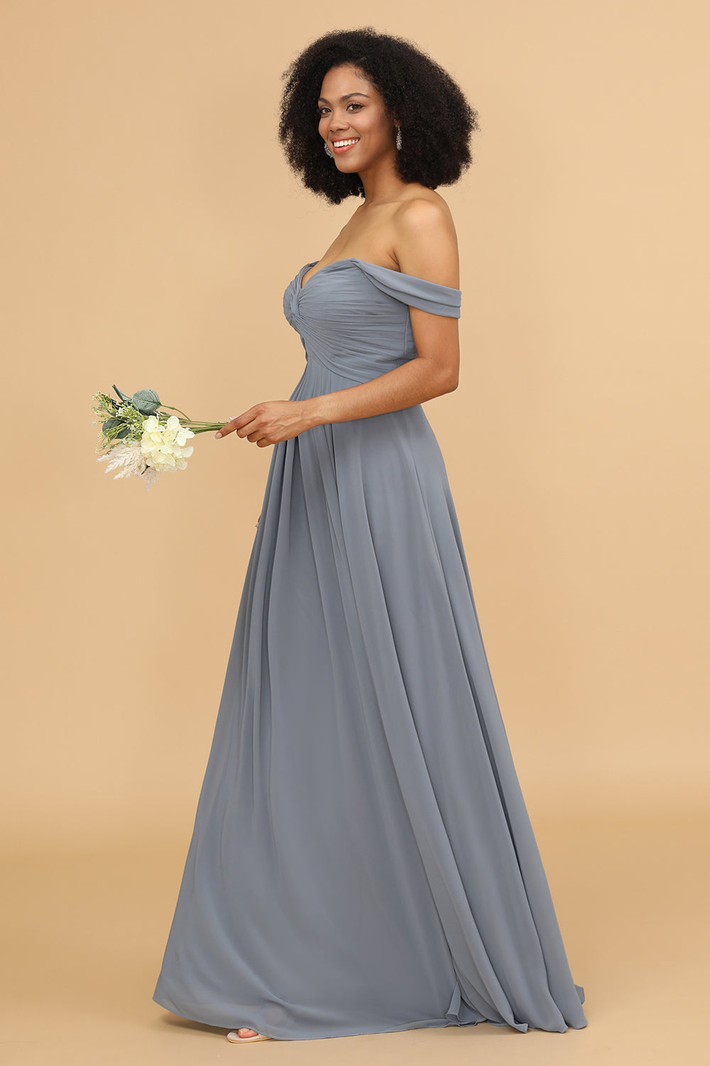 Off The Shoulder Grey Blue Bridesmaid Dress