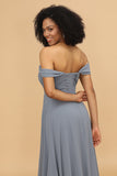 Off The Shoulder Grey Blue Bridesmaid Dress