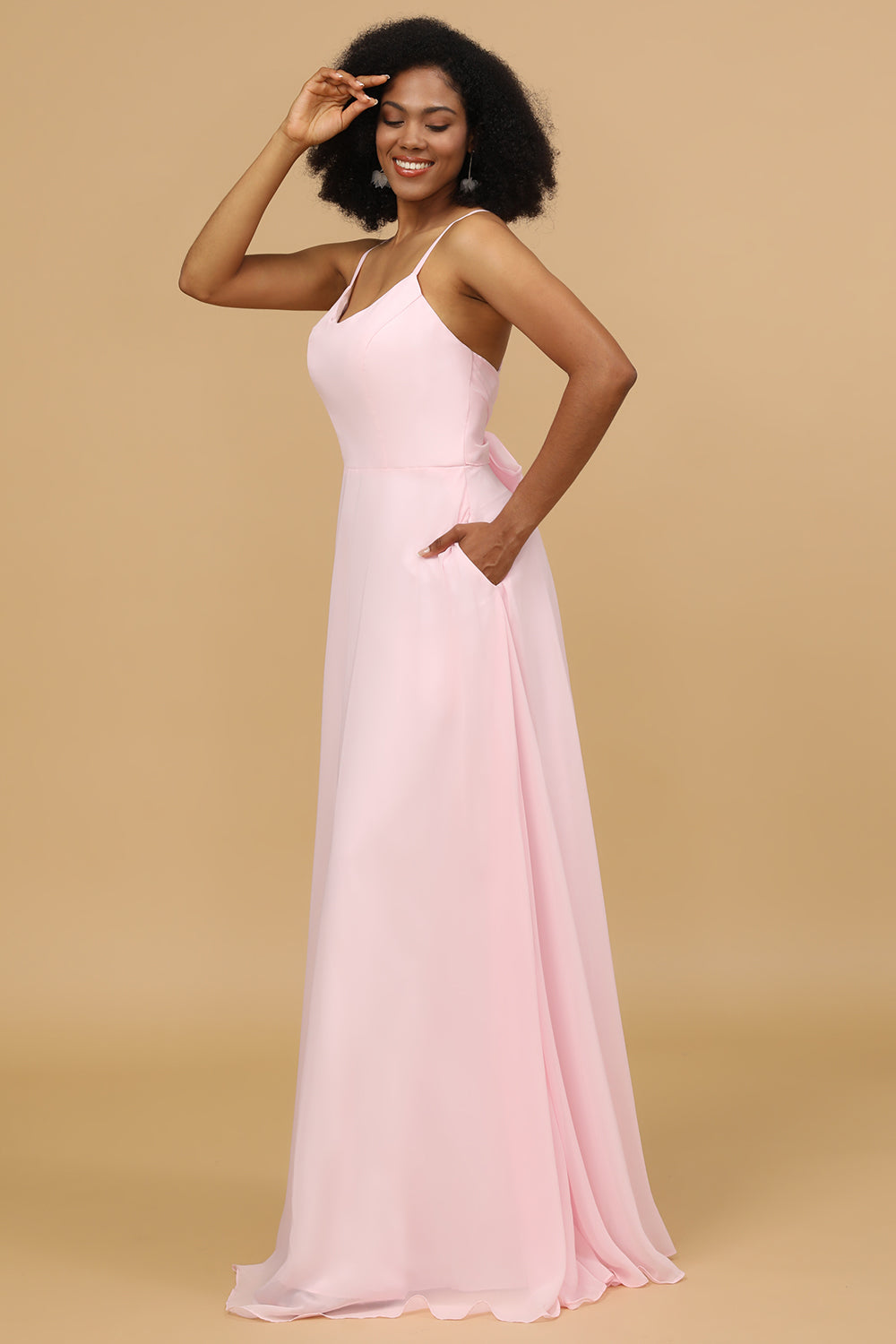 Spaghetti Straps Pink Chiffon Bridesmaid Dress with Pocket