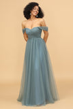 Off The Shoulder Grey Blue Long Bridesmaid Dress