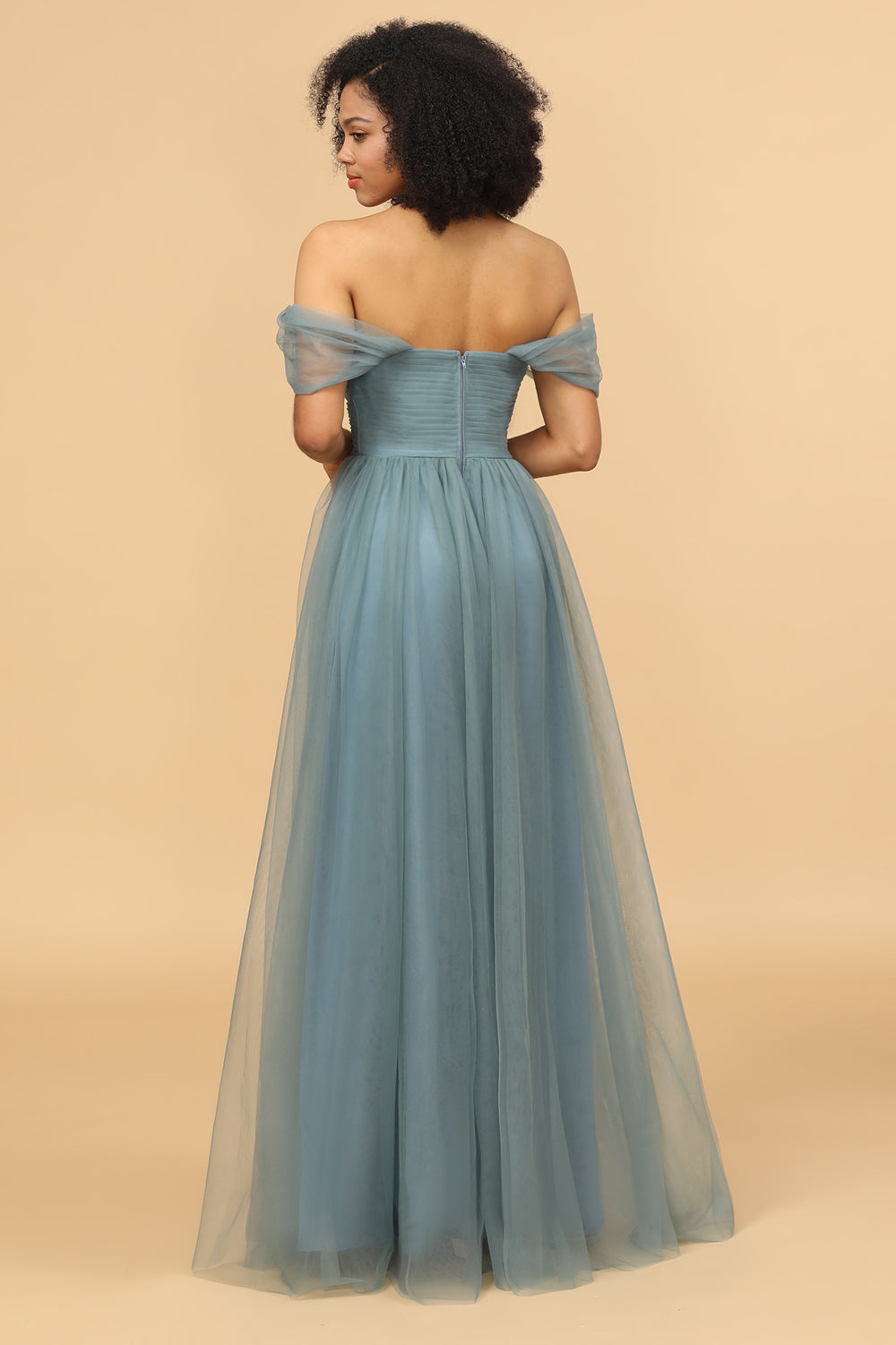 Off The Shoulder Grey Blue Long Bridesmaid Dress