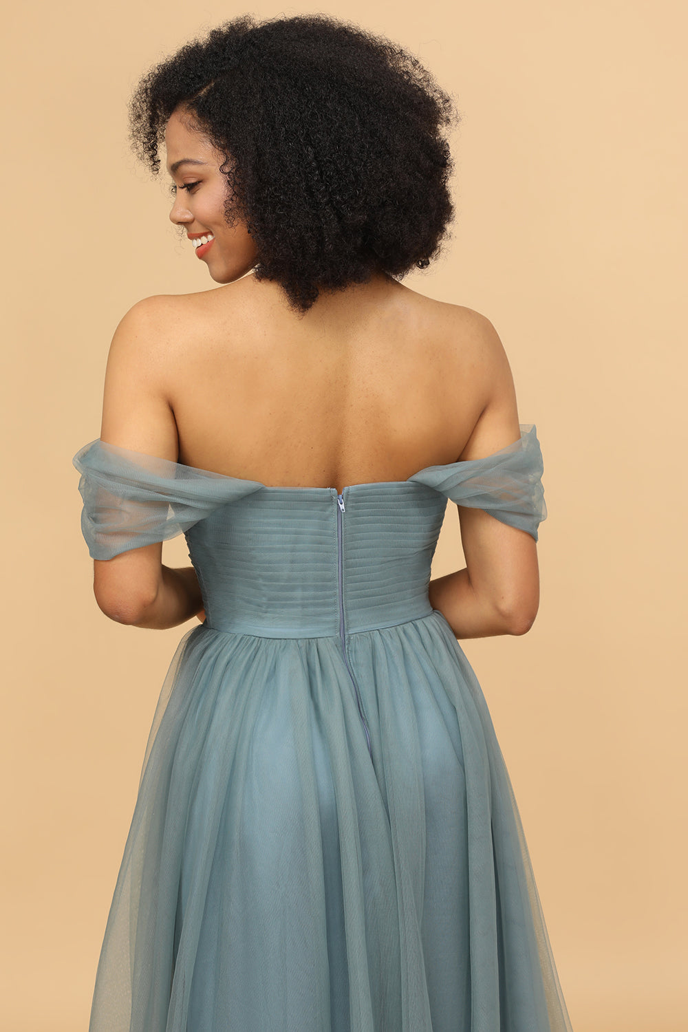 Off The Shoulder Grey Blue Long Bridesmaid Dress