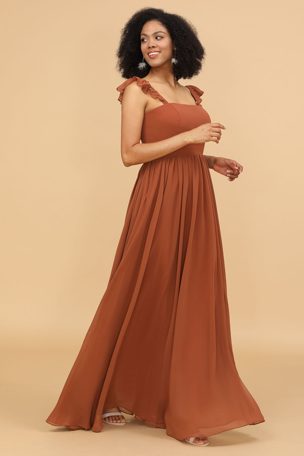 Terracotta A-line Straps Chiffon Bridesmaid Dress