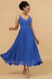 V-neck Royal Blue Ankle-Length Chiffon Bridesmaid Dress