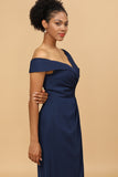 Off-the-Shoulder Navy Asymmetrical Satin Bridesmaid Dress