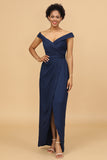 Off-the-Shoulder Navy Asymmetrical Satin Bridesmaid Dress