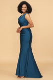 Ink Blue Mermaid Cowl Neckline Satin Bridesmaid Dress