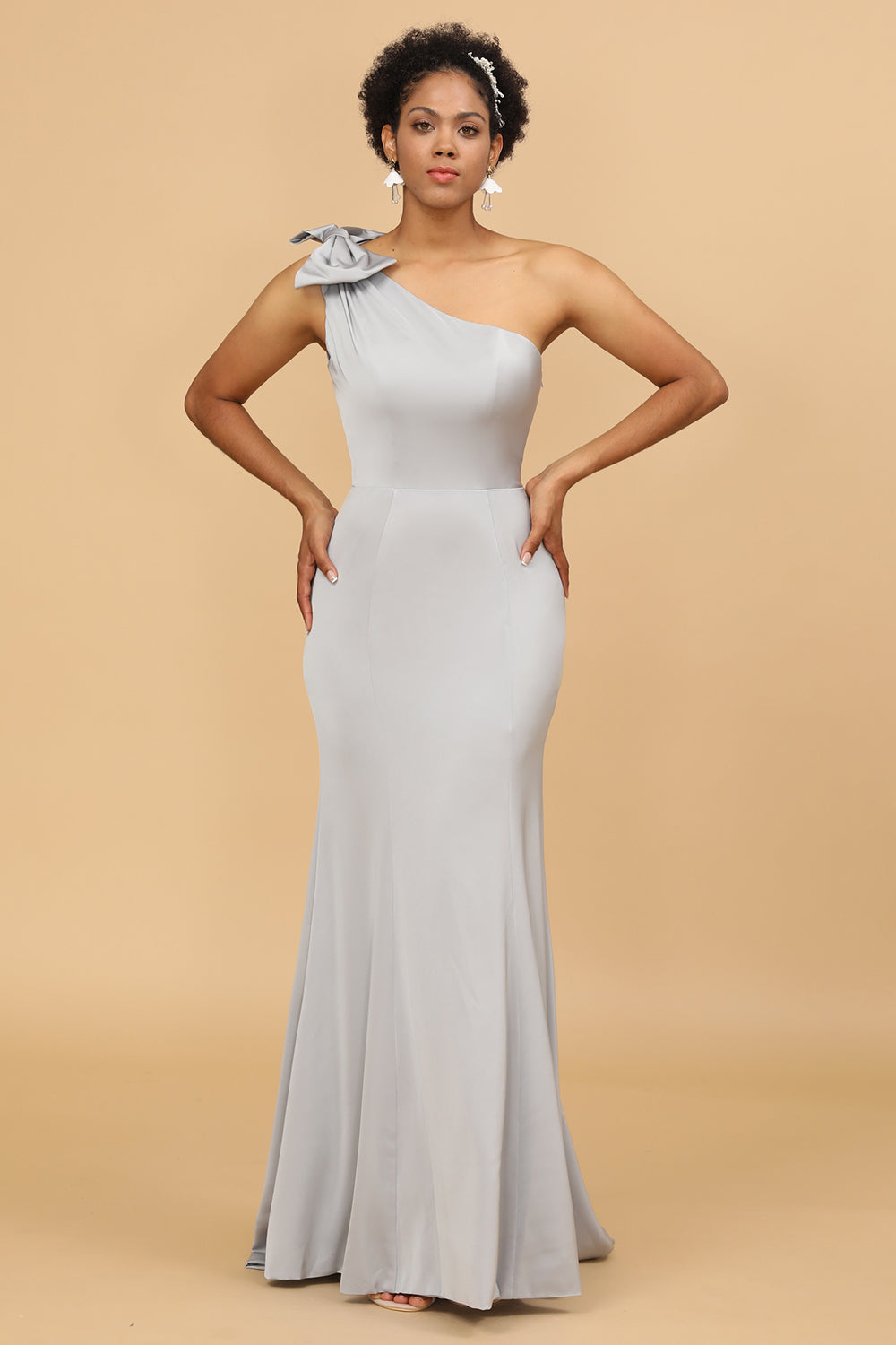 Grey One-shoulder Mermaid Satin Bridesmaid Dress