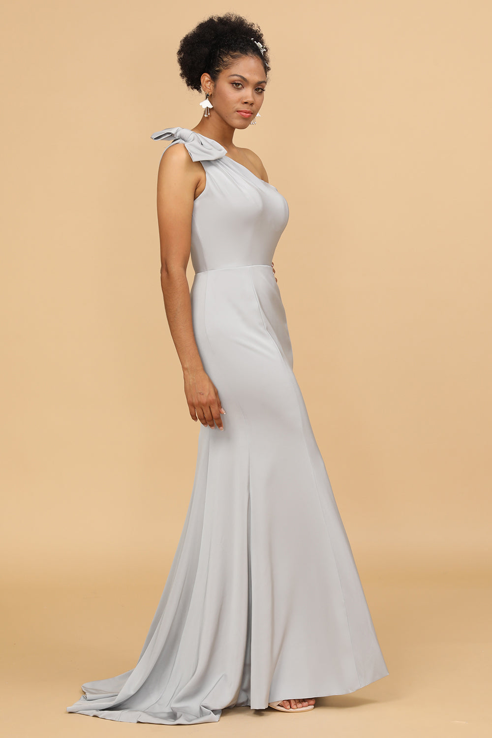 Grey One-shoulder Mermaid Satin Bridesmaid Dress