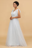 V-neck Grey Tulle Long Bridesmaid Dress