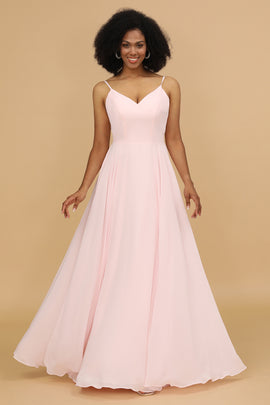 Pink  V-neck Spaghetti Straps Bridesmaid Dress