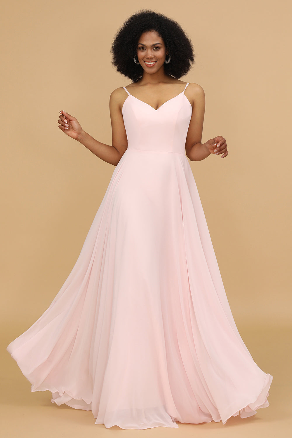 Pink  V-neck Spaghetti Straps Bridesmaid Dress