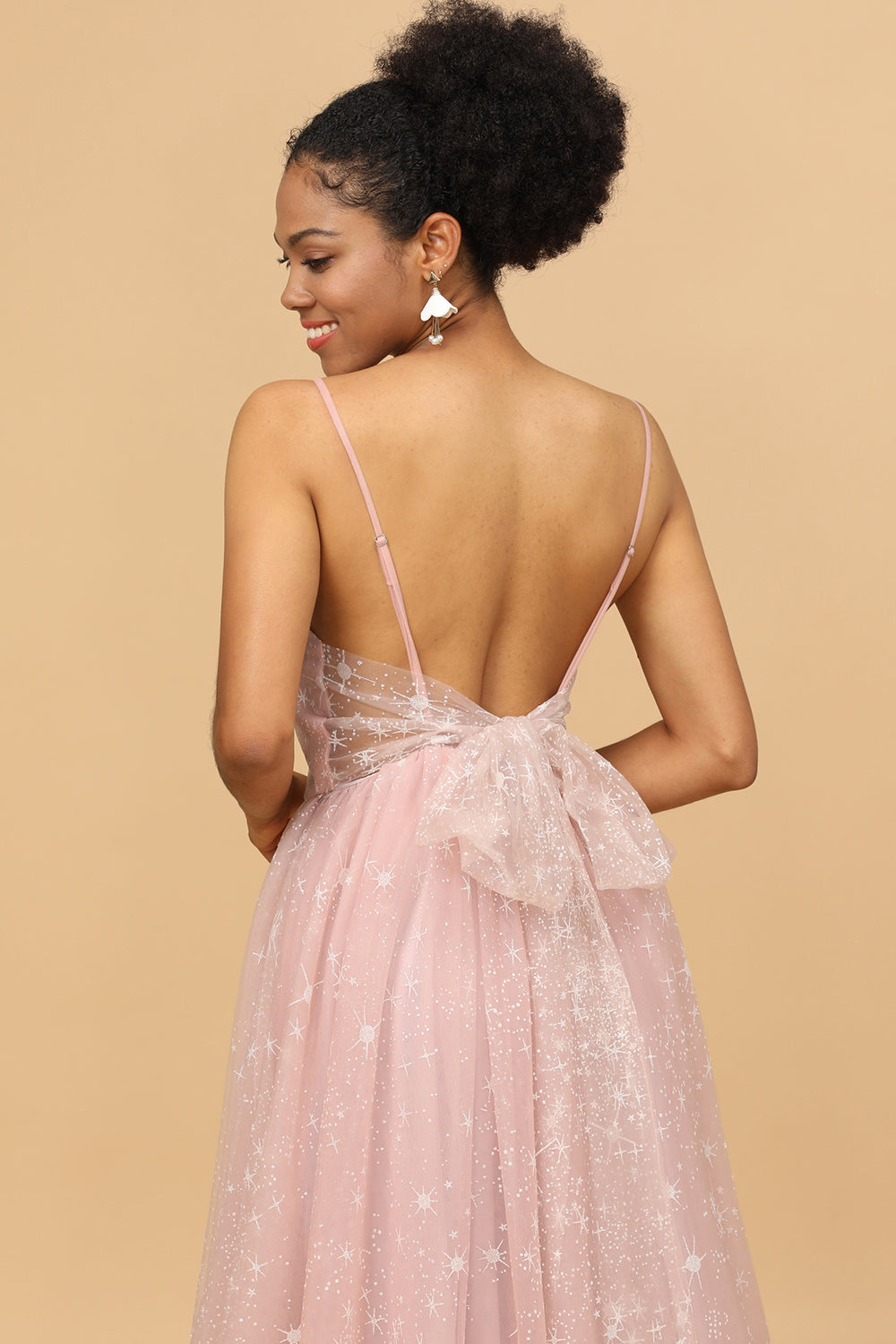 Blush Spaghetti Straps Tulle Long Bridesmaid Dress