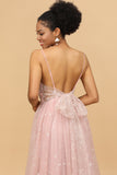 Blush Spaghetti Straps Tulle Long Bridesmaid Dress