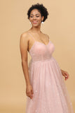 Blush Spaghetti Straps Tulle Long Bridesmaid Dress