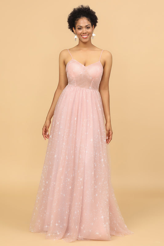 Blush Spaghetti Straps Tulle Long Bridesmaid Dress