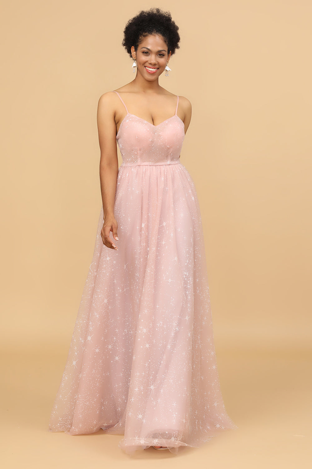 Blush Spaghetti Straps Tulle Long Bridesmaid Dress
