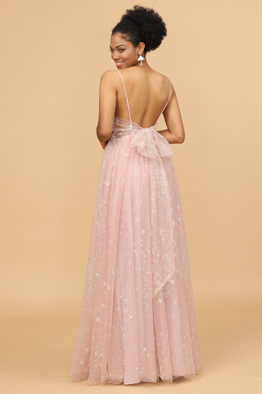 Blush Spaghetti Straps Tulle Long Bridesmaid Dress