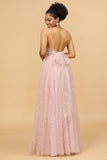 Blush Spaghetti Straps Tulle Long Bridesmaid Dress
