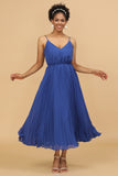 Royal Blue Tea-Length Chiffon Bridesmaid Dress With Pleated