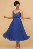 Royal Blue Tea-Length Chiffon Bridesmaid Dress With Pleated