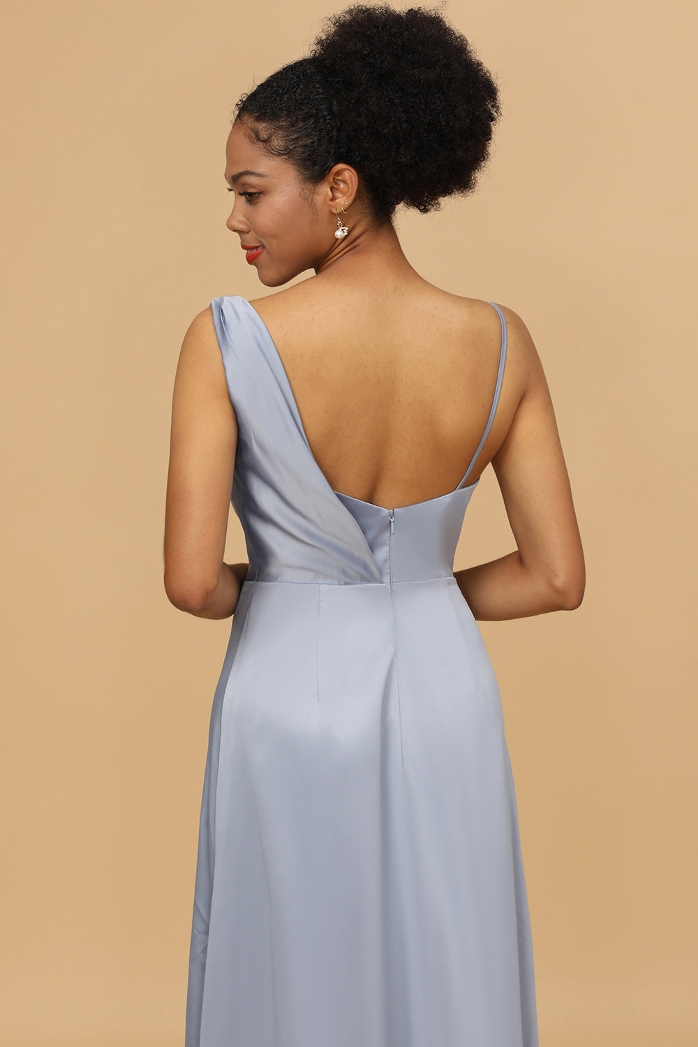 Grey Blue Cowl Neck Floor-Length Satin Bridesmaid Dress