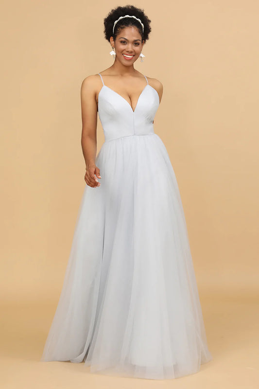 Grey Spaghetti Straps Tulle A-Line Bridesmaid Dress