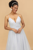 Grey Spaghetti Straps Tulle A-Line Bridesmaid Dress