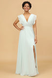 Mint Chiffon V-Neck A-Line Bridesmaid Dress