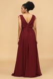 Burgundy V-Neck Lace Up Bridesmaid Dress With Slit
