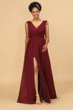Burgundy V-Neck Lace Up Bridesmaid Dress With Slit