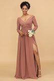 Blush V-Neck Long Sleeves Bridesmaid Dress