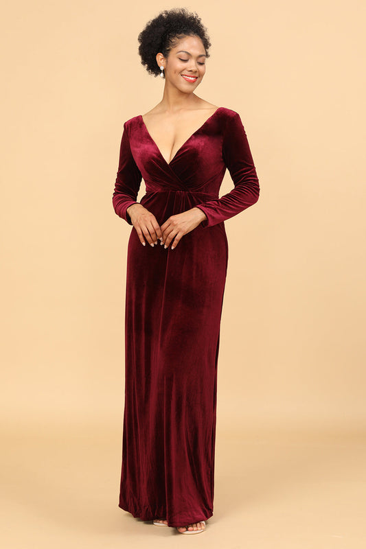 Sheath Burgundy Deep V-Neck Long Sleeves Velvet Holiday Party Dress