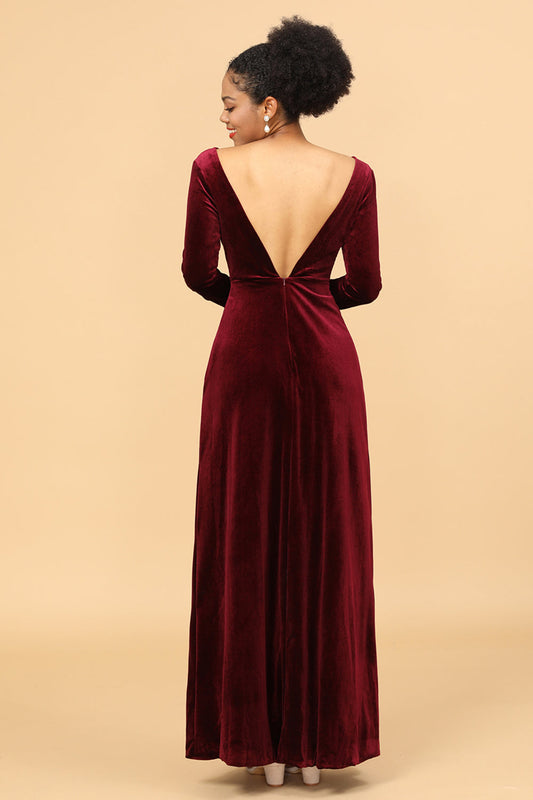 Sheath Burgundy Deep V-Neck Long Sleeves Velvet Holiday Party Dress
