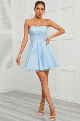 Blue Tulle Short Homecoming Dress with Appliques