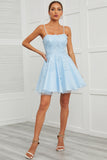 Blue Tulle Short Homecoming Dress with Appliques
