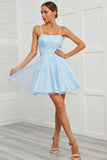 Blue Tulle Short Homecoming Dress with Appliques