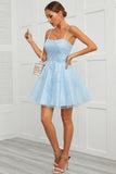 Blue Tulle Short Homecoming Dress with Appliques