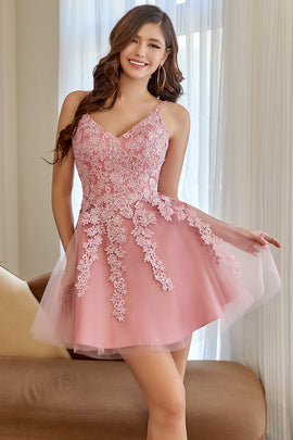 A Line Spaghetti Straps Blush Short Homecoming Dress with Appliques