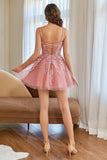 A Line Spaghetti Straps Blush Short Homecoming Dress with Appliques