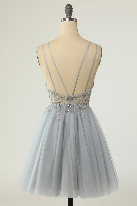 Gorgeous A Line Spaghetti Straps Grey Short Homecoming Dress with Beading