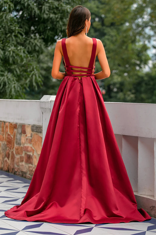 Burgundy Satin Long Prom Dress