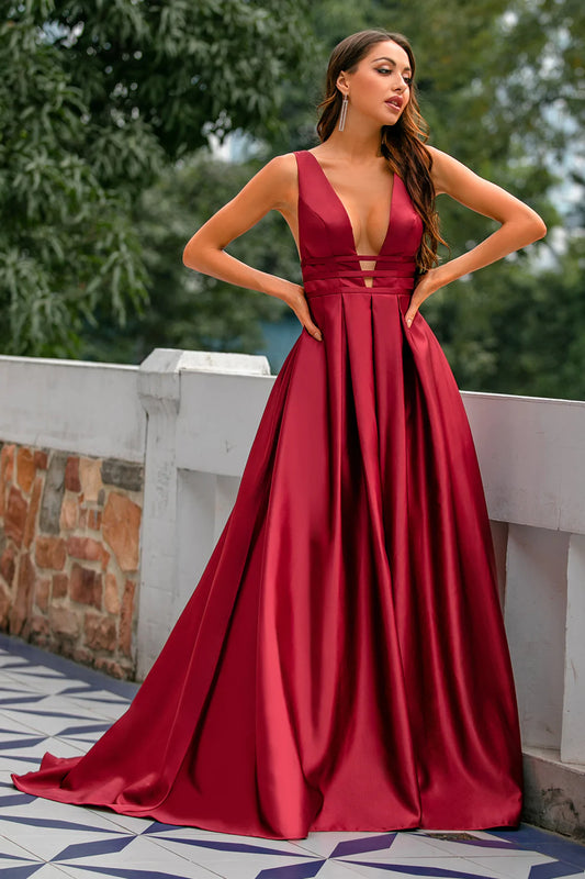 Burgundy Satin Long Prom Dress