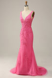 Mermaid Pink Deep V Neck Long Prom Dress with Appliques