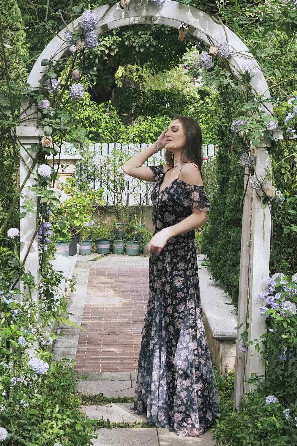 Black Chiffon Off Shoulder Prom Dress with Floral
